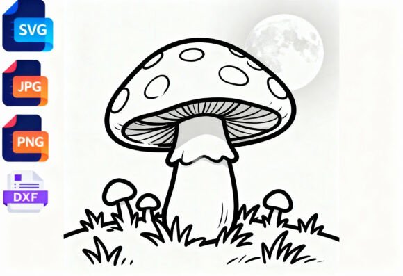 Download Mushroom Moon Cute Black and White SVG - Black and white svg Collection